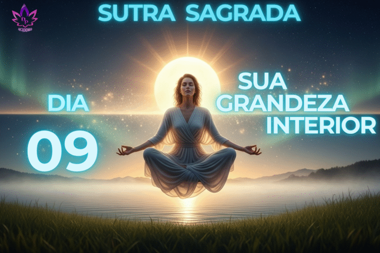 Imagem da Sutra Sagrada com mulher meditando, representando como ter mais autoconfiança ao afirmar a grandiosidade interior no Dia 09.