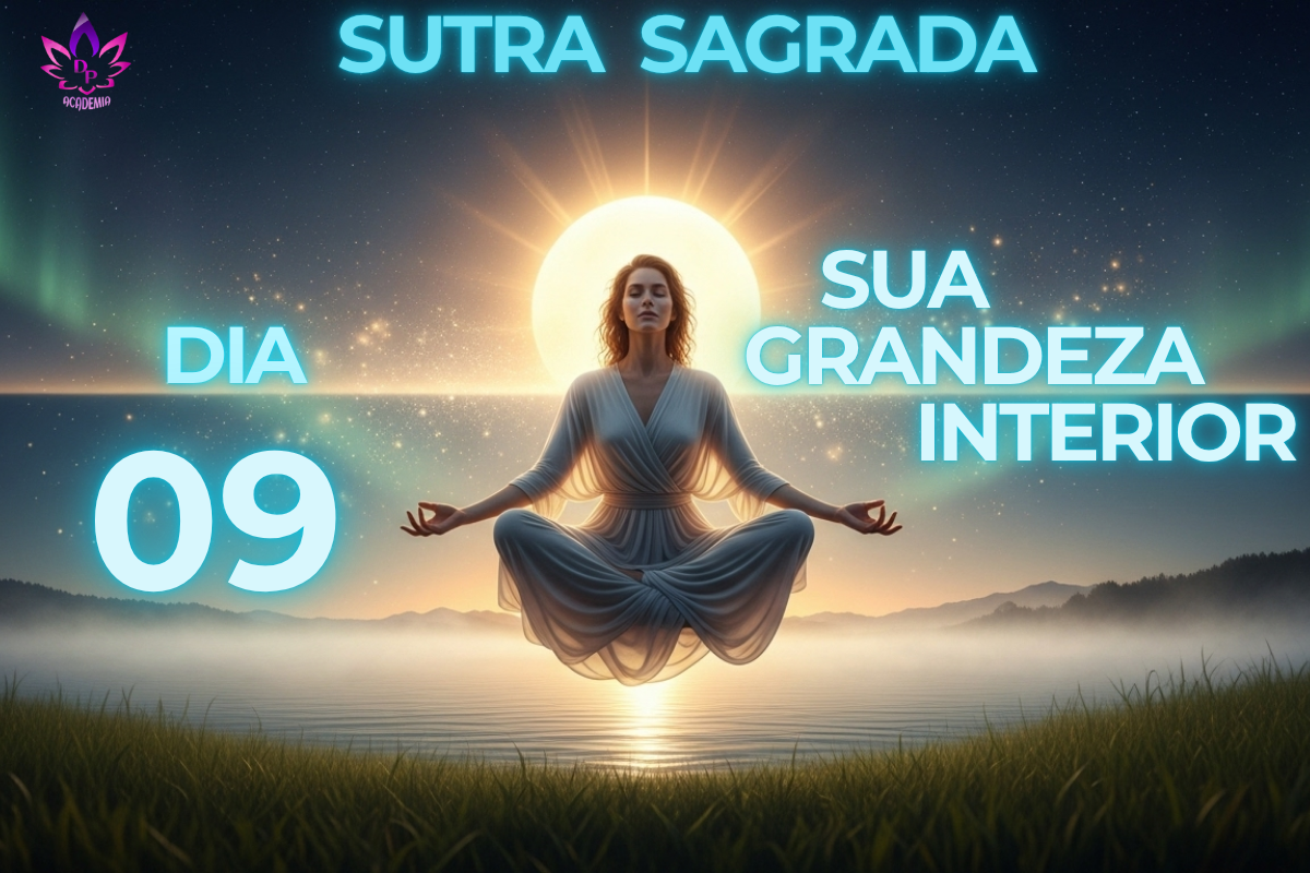 Imagem da Sutra Sagrada com mulher meditando, representando como ter mais autoconfiança ao afirmar a grandiosidade interior no Dia 09.