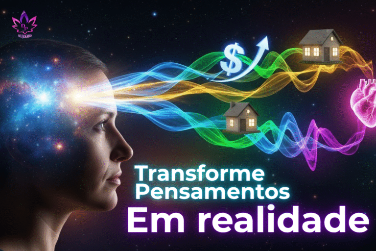 Ilustração da Lei da Atração mostrando uma mulher em perfil com feixes de energia saindo de sua mente e se transformando em casa, dinheiro e um coração, simbolizando a manifestação da realidade.