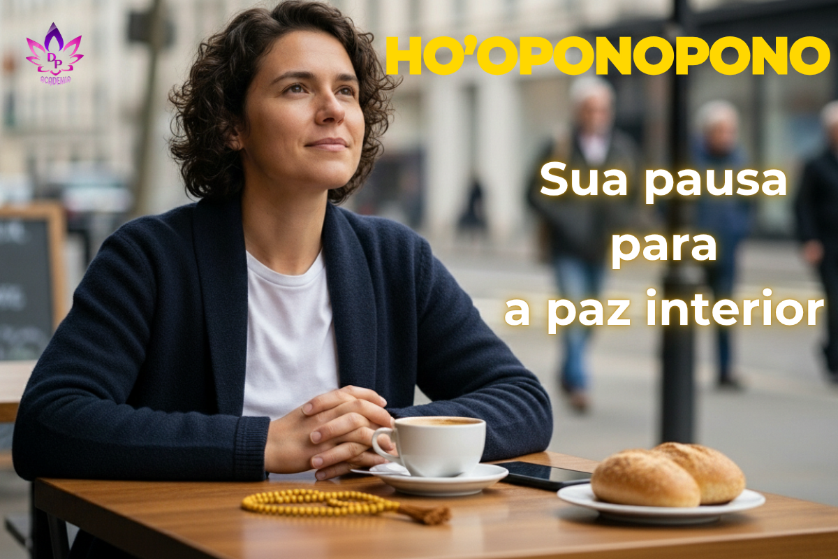 Mulher praticando Ho'oponopono em um café, com um japamala sobre a mesa, simbolizando a pausa para a paz interior no dia a dia.