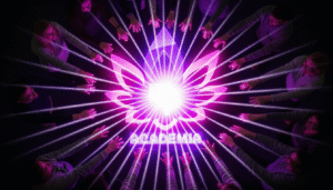 Círculo de pessoas cocriando energia ao redor do logo neon da Descobrindo Poderes para a campanha Missão Expansão.