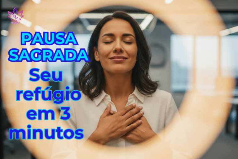 Mulher fazendo a Pausa Sagrada em seu escritório, uma ferramenta de 3 minutos para acalmar a mente e aliviar o estresse. Título: Pausa Sagrada: Uma Ferramenta para Acalmar a Mente