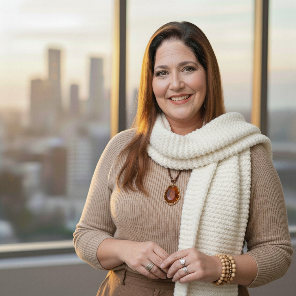 Sandra Scudiero, mentora de autoconhecimento e fundadora do Descobrindo Poderes, em um retrato profissional.