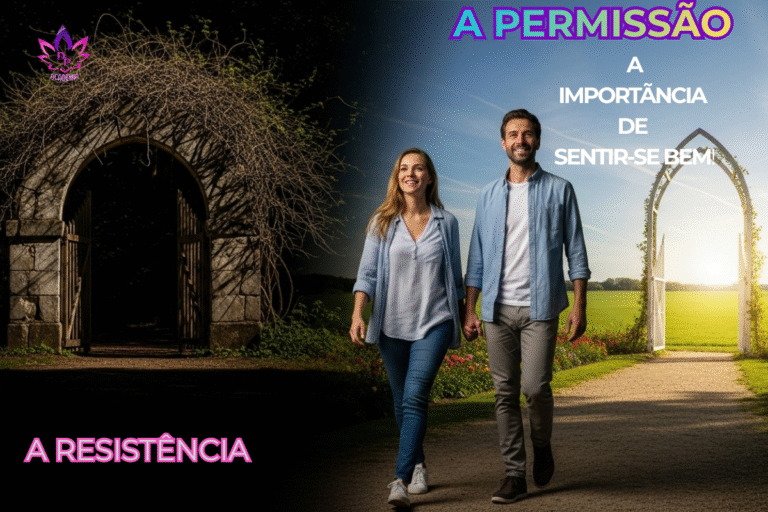 Casal ilustrando a importância de se sentir bem, caminhando de um arco com a palavra 'Resistência' em direção a um arco de luz com a frase 'A importância de se sentir bem'.