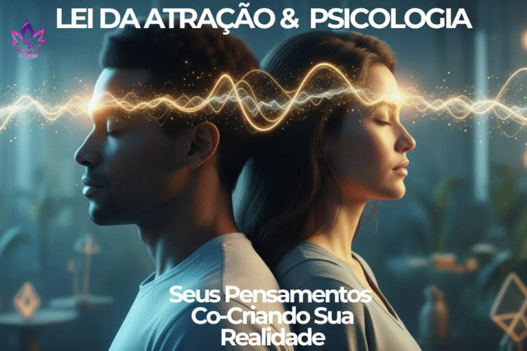 Um homem e uma mulher, com os olhos fechados, em reflexão, demonstrando a conexão entre a Lei da Atração e Psicologia através de ondas de energia emanando da mente.