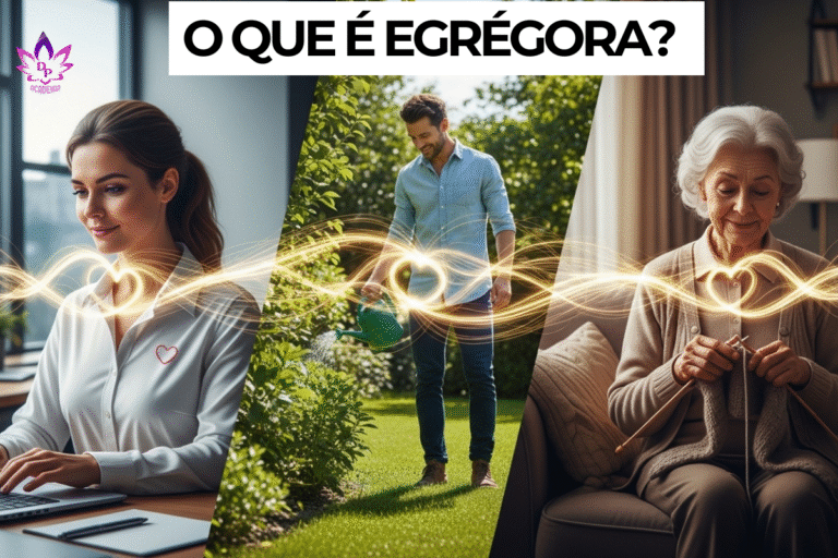 Montagem artística mostrando três pessoas em cenários diferentes conectadas por uma onda de luz dourada no coração, ilustrando o que é Egrégora e a conexão vibracional à distância