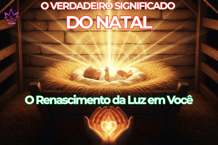 Representação artística do nascimento de Jesus em uma manjedoura emanando uma forte luz dourada fractal, com mãos segurando um coração iluminado em primeiro plano, simbolizando o verdadeiro significado do Natal.