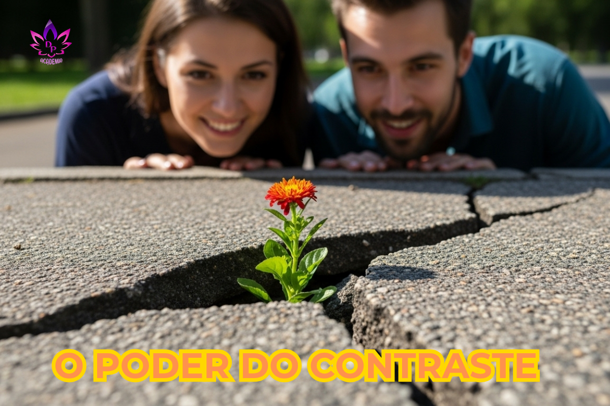 Casal admirado olhando uma flor crescendo no concreto, simbolizando o poder do contraste e a expansão da vida.