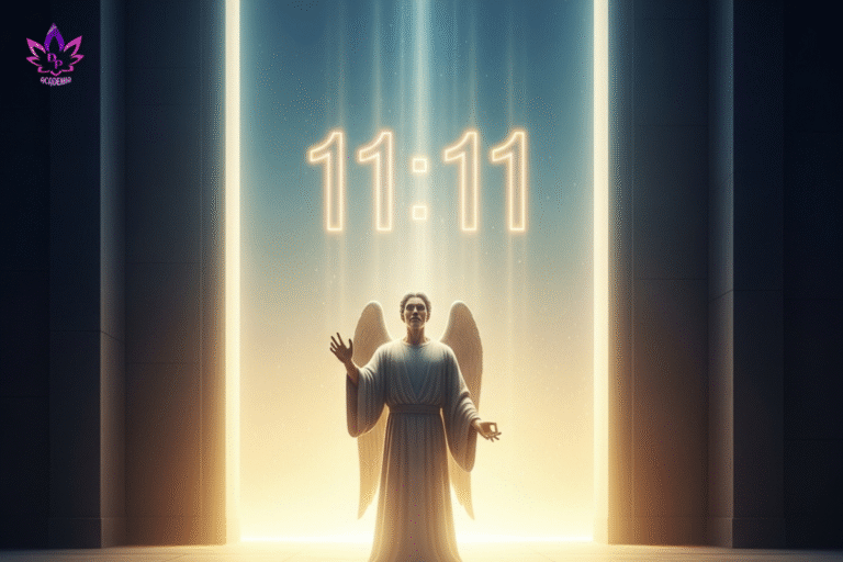 Arcanjo Gabriel em um portal de luz 11:11, representando a Oração Portal 1111 e a conexão divina.
