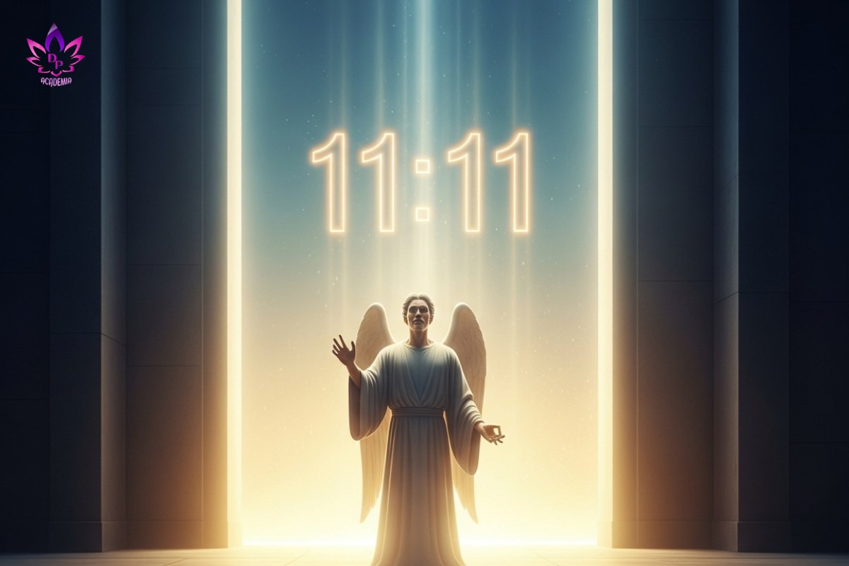 Arcanjo Gabriel em um portal de luz 11:11, representando a Oração Portal 1111 e a conexão divina.