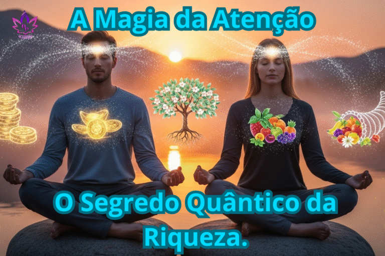 Casal meditando e usando a magia da atenção para manifestar abundância (moedas e frutas) a partir do campo quântico.