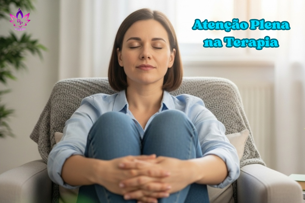 Mulher serena praticando atenção plena na terapia, sentada confortavelmente em uma poltrona.