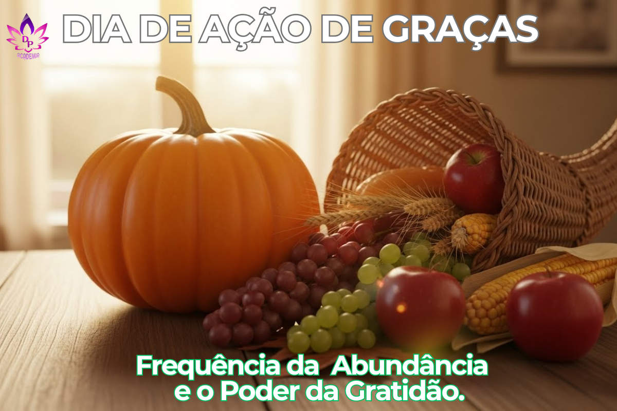 Mesa de Ação de Graças decorada com abóboras iluminadas, frutas e folhas de outono, simbolizando o ritual da abundância e o poder da gratidão. Dia de Ação de Graças