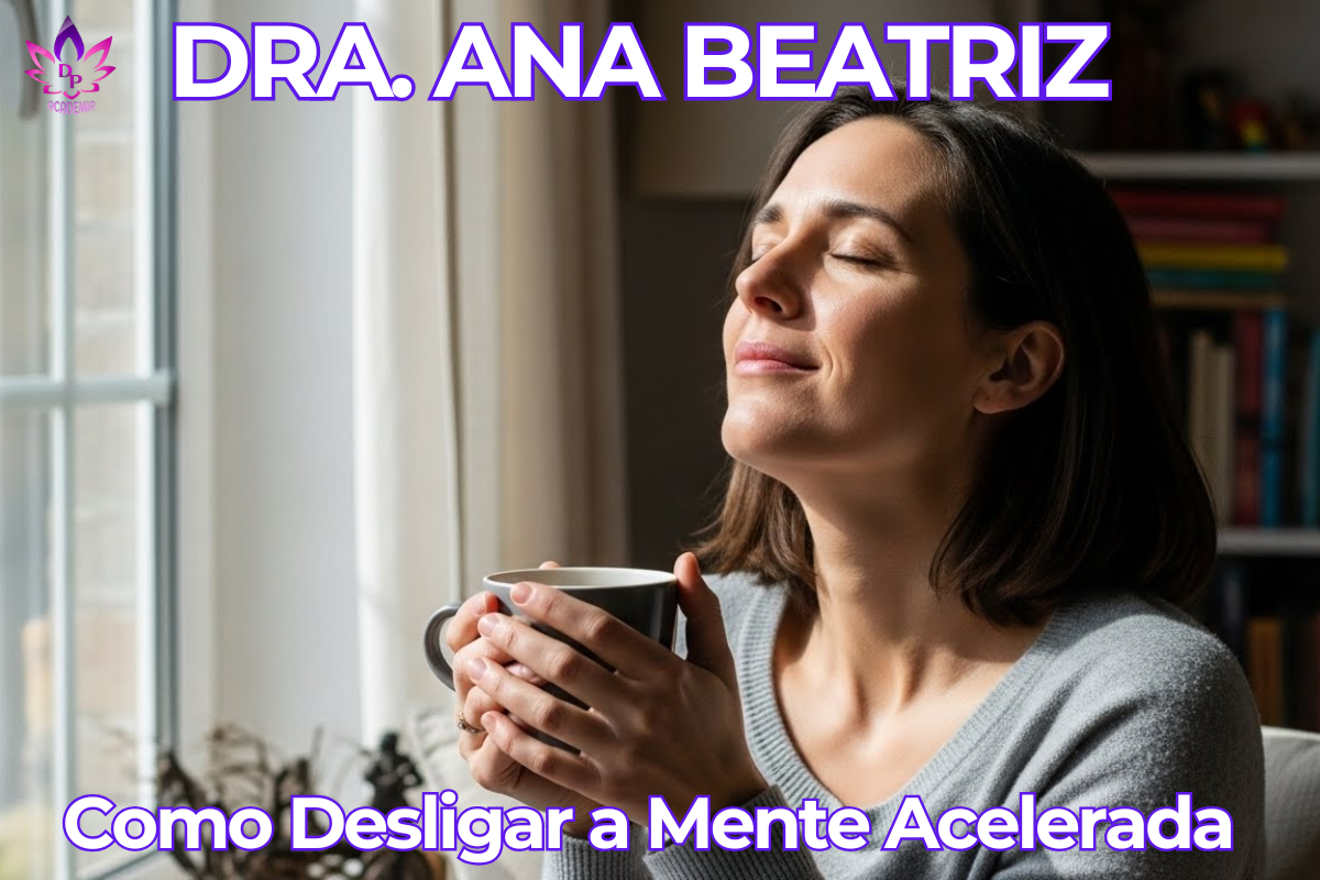 Mulher segurando xícara de chá com expressão de profundo alívio e paz, ilustrando as dicas da Dra Ana Beatriz sobre ansiedade e como acalmar a mente acelerada. Drsa. Ana Beatriz