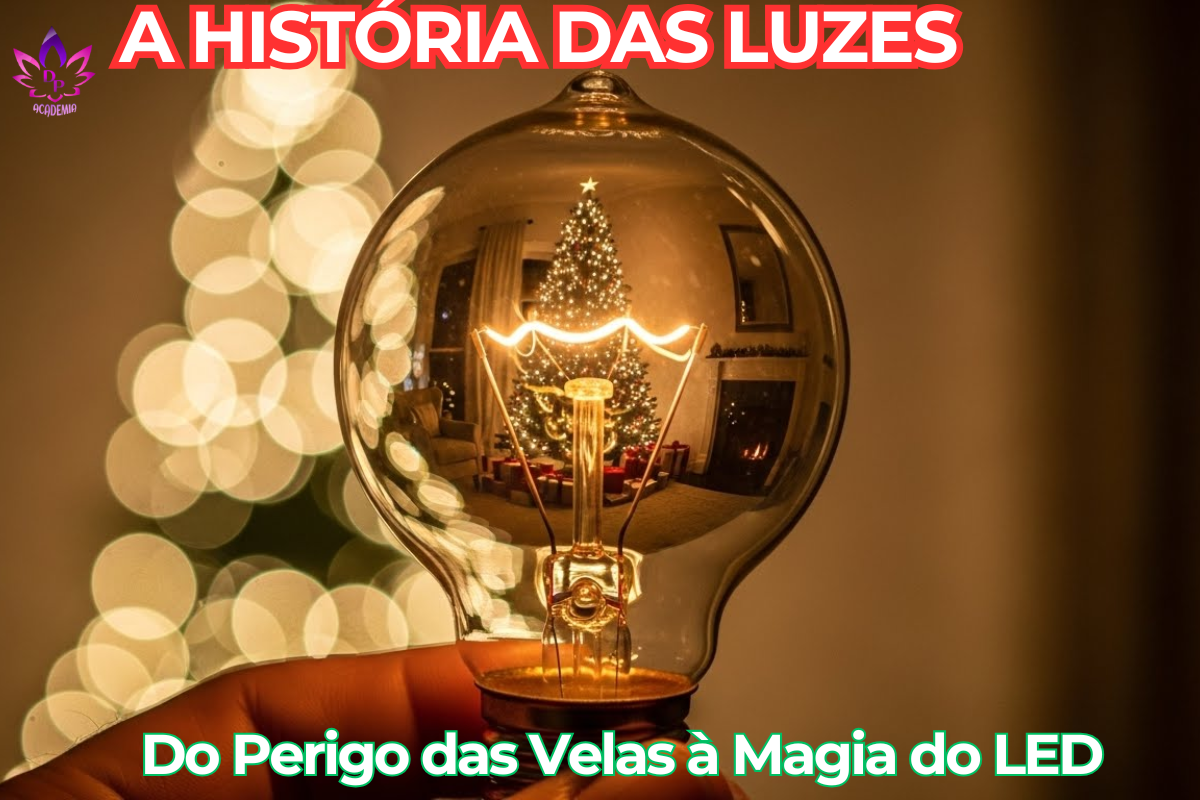 Mão segurando uma lâmpada antiga de filamento com o reflexo de uma árvore iluminada, ilustrando a História das Luzes de Natal e sua evolução.