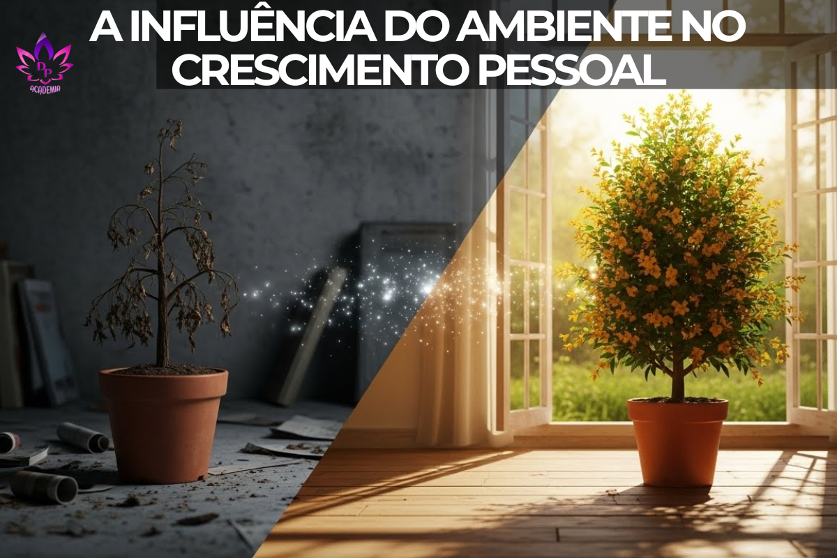 Comparação visual antes e depois, mostrando uma planta murcha no escuro e florescendo na luz, ilustrando a influência do ambiente no crescimento pessoal.