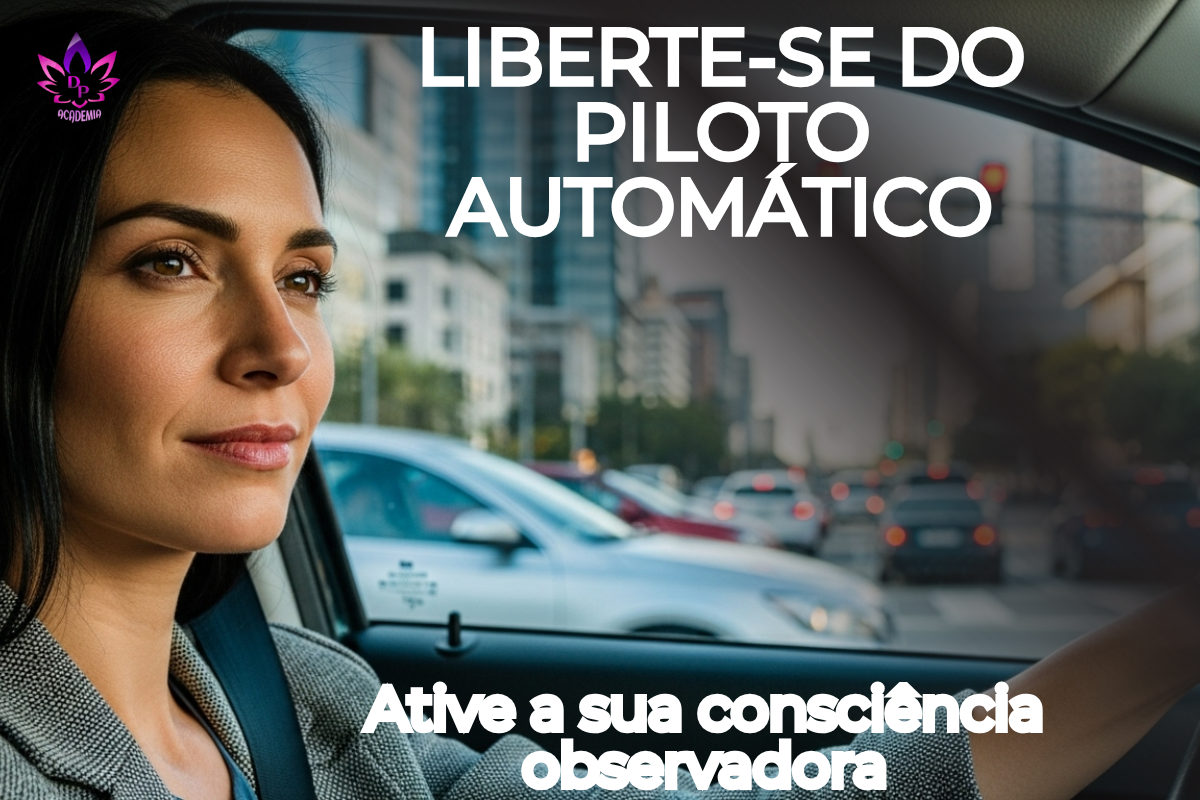 Mulher com expressão calma e serena, praticando a consciência observadora enquanto dirige em meio ao trânsito intenso da cidade.