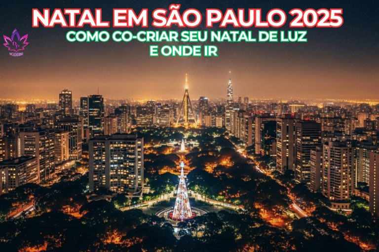 Vista aérea noturna do Natal em São Paulo 2025 com destaque para a Árvore de Natal do Ibirapuera, o Pacaembu e as luzes de Villa-Lobos.