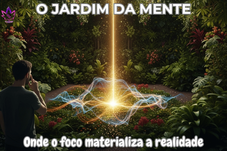 Homem, o observador, em um jardim mental, olhando uma onda de energia quântica se materializar. Uma metáfora visual para a conexão entre psicologia positiva e física quântica.
