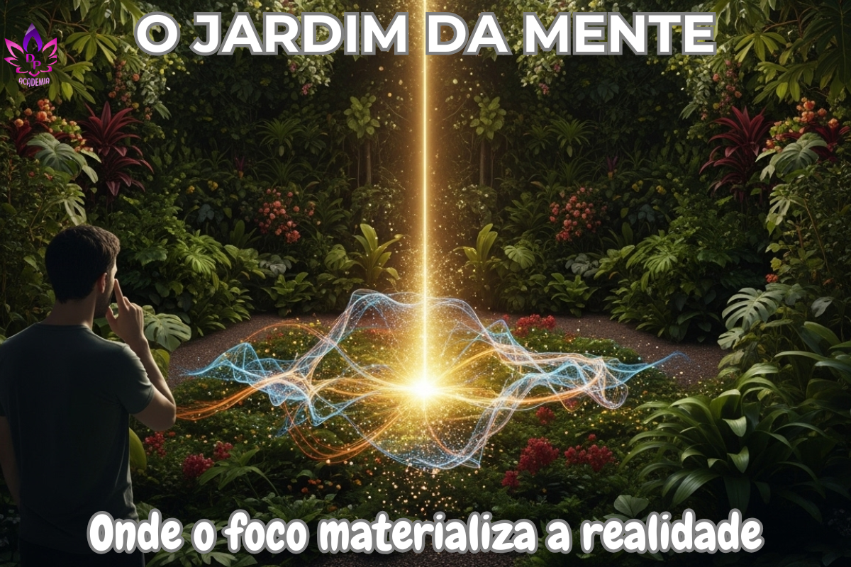 Homem, o observador, em um jardim mental, olhando uma onda de energia quântica se materializar. Uma metáfora visual para a conexão entre psicologia positiva e física quântica.