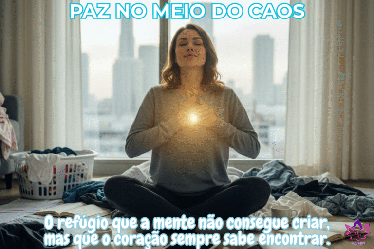 Mulher sentada no chão de uma sala bagunçada com roupas e papéis, em pose de meditação. Ela tem as mãos sobre o peito, de onde emana uma luz dourada quente, e está com olhos fechados e expressão serena, ilustrando a prática da coerência cardíaca em meio ao caos cotidiano.