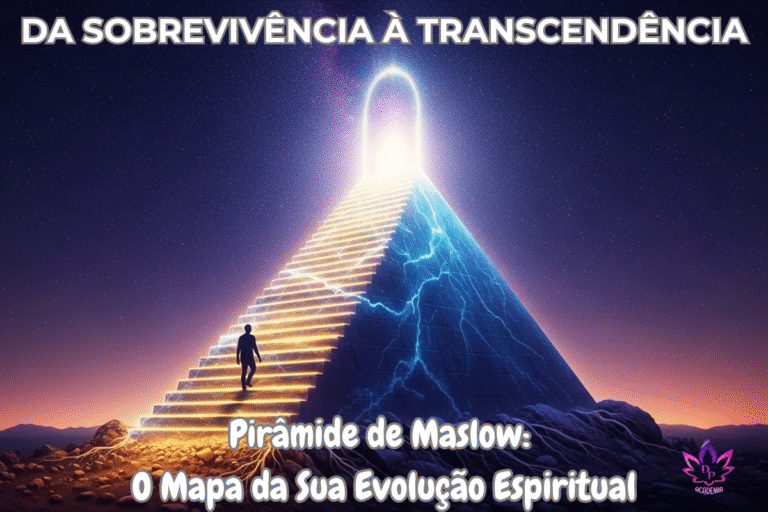 Ilustração conceitual de uma silhueta humana subindo uma escadaria em forma de pirâmide, indo da base terrena em direção a uma luz cósmica no topo, simbolizando a jornada da Pirâmide de Maslow rumo à transcendência espiritual.