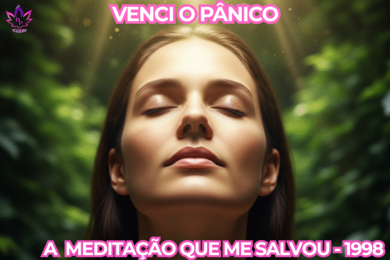 Mulher serena em meditação de cura e relaxamento, visualizando uma luz dourada num jardim, técnica de Brian Weiss para ansiedade.