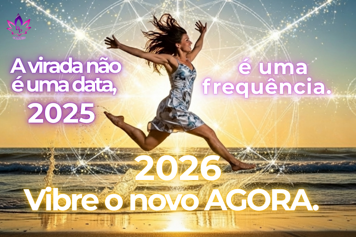 Mulher saltando alegremente sobre ondas na praia ao amanhecer, cercada por luzes de geometria sagrada, representando o salto quântico da mente de 2025 para a co-criação para 2026.