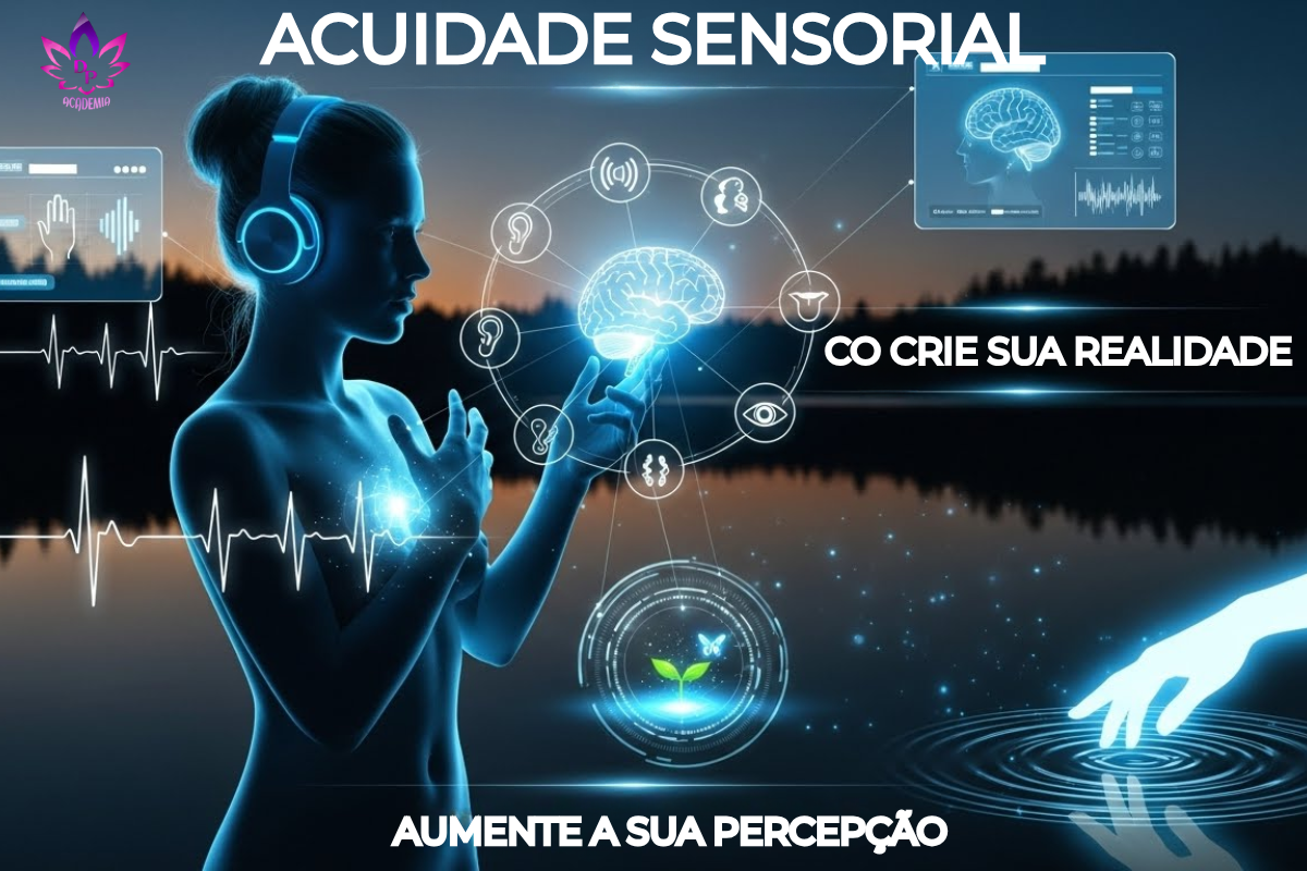 Acuidade Sensorial: Mulher co-criando a realidade, com símbolos de PNL, Neurociência e meditação.