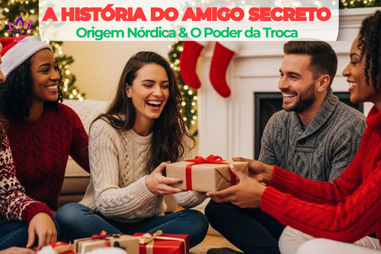 Grupo de amigos sorrindo e trocando presentes , vivenciasndo a história do Amigo Secreto em uma sala decorada para o Natal, representando a união e a alegria da tradição.