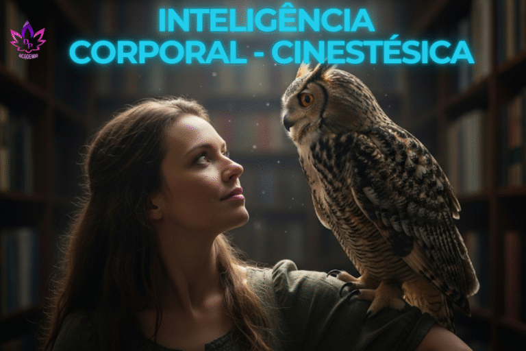 Mulher com coruja no ombro olhando para cima, em ambiente de biblioteca, ilustrando a profundidade e a sabedoria da Inteligência Corporal-Cinestésica e a conexão com o conhecimento.