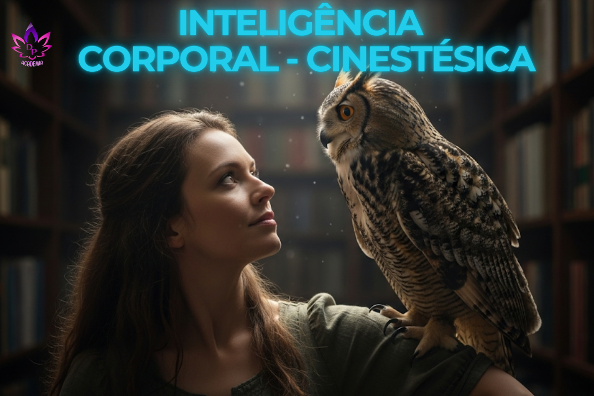 Mulher com coruja no ombro olhando para cima, em ambiente de biblioteca, ilustrando a profundidade e a sabedoria da Inteligência Corporal-Cinestésica e a conexão com o conhecimento.
