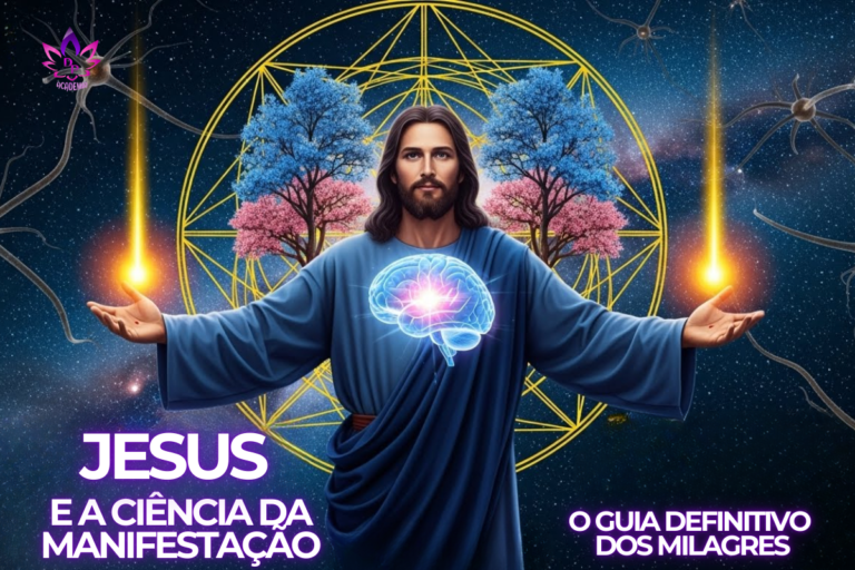Representação visual da série Jesus e a Ciência da Manifestação, mostrando uma figura luminosa cercada por geometria sagrada, luz e elementos que simbolizam o despertar da consciência.