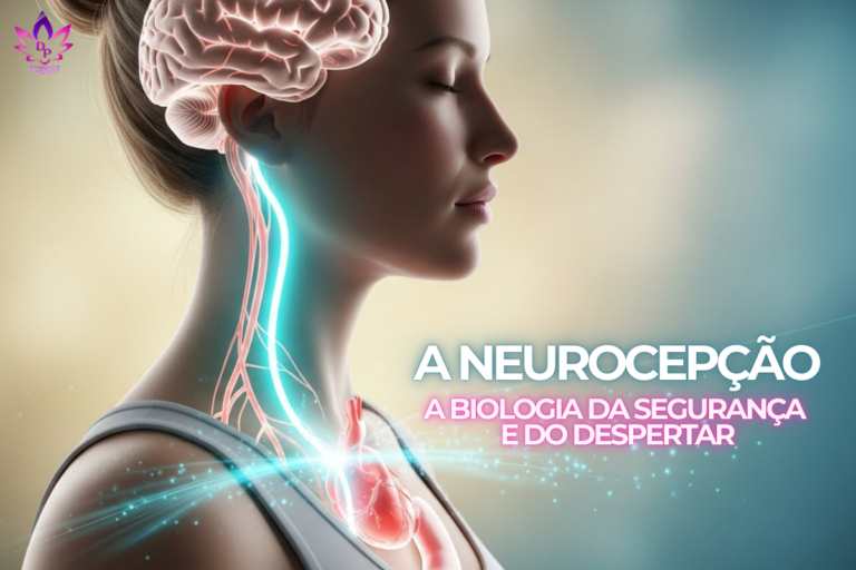 NEUROCEPÇÃO Ilustração realista de uma mulher meditando com o nervo vago iluminado conectando cérebro e coração.