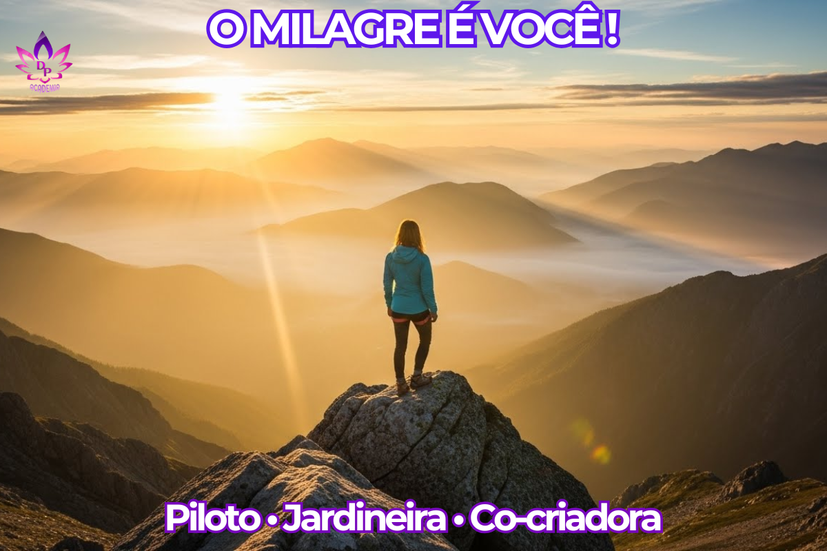 Ciência da Co-Criação Mulher no topo de uma montanha observando o nascer do sol sobre um vale com neblina, simbolizando a co-criação da realidade, a união entre neurociência e espiritualidade e o florescimento humano."