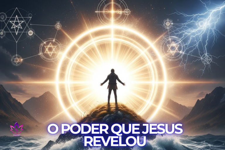 Homem em silhueta diante de um portal de luz e geometria sagrada representando o poder que Jesus revelou e a manifestação da realidade.