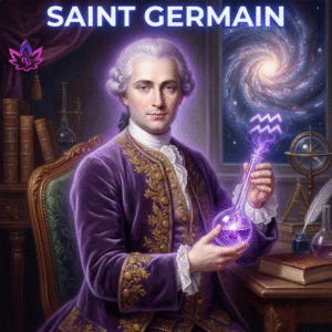 Saint Germain - Quem Foi? Ilustração artística do Mestre segurando a essência da Chama Violeta com o símbolo de Aquário ao fundo.