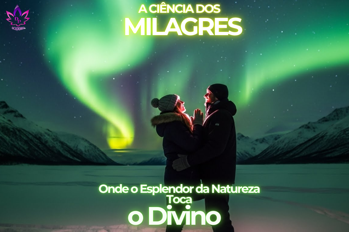 Casal observando aurora boreal gigante no Alasca, representando a ciência dos milagres e o esplendor da natureza tocando o divino.