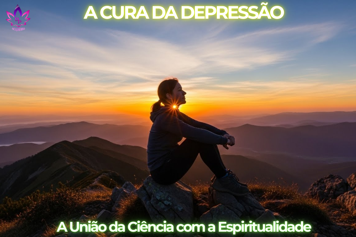 Mulher sentada no topo de uma montanha observando o nascer do sol, simbolizando a esperança e a cura da depressão através da união entre ciência e fé.
