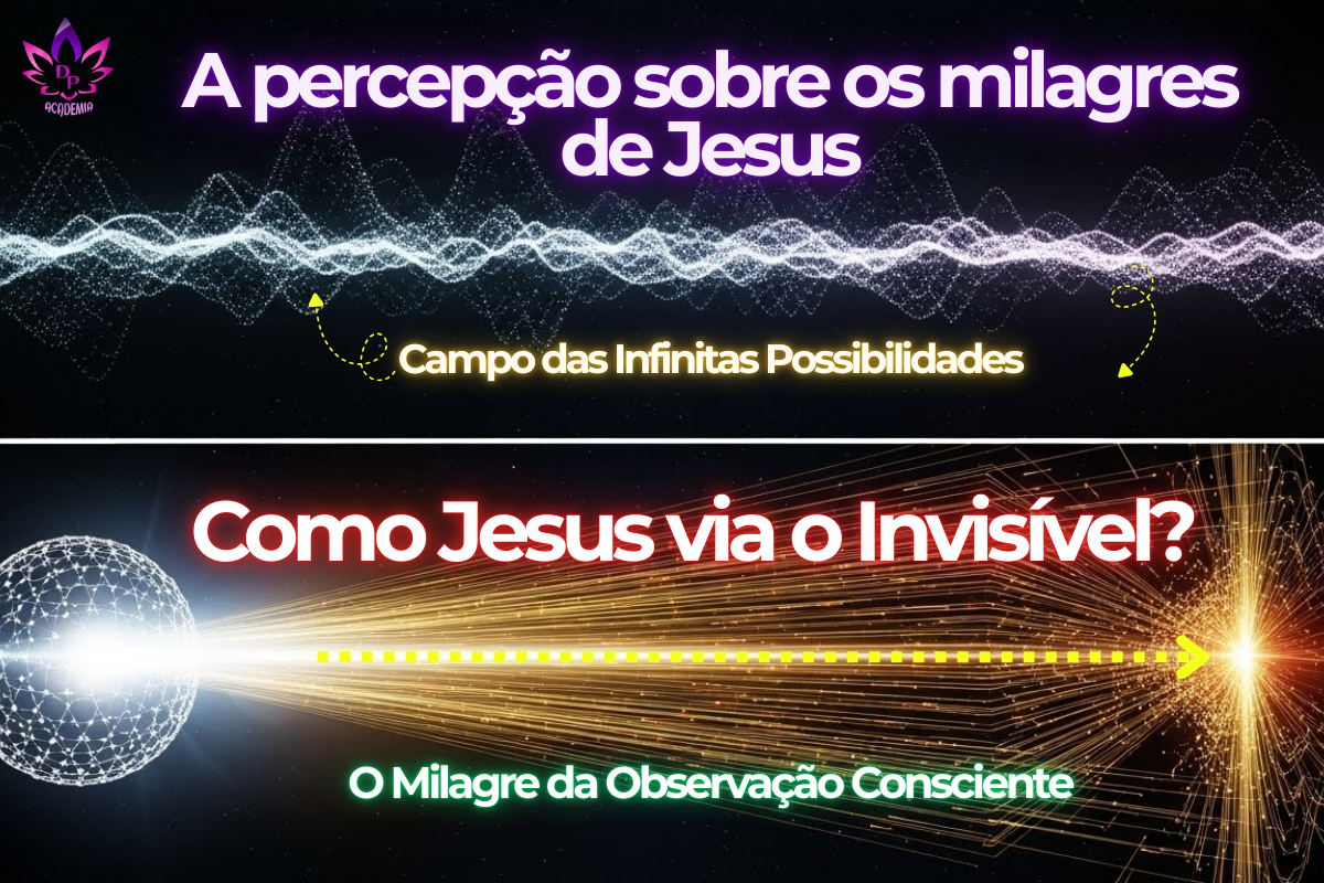 Percepção sobre os milagres de Jesus. Comparação visual entre o estado de onda não observado e o colapso da matéria em partículas através da observação.