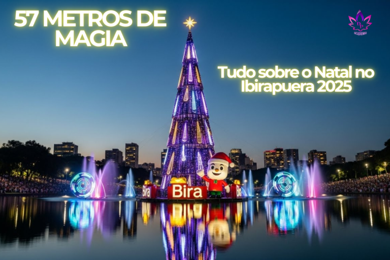 Capa do artigo mostrando a Árvore de Natal Ibirapuera 2025 iluminada, com 57 metros de altura, refletindo no lago com show de luzes.