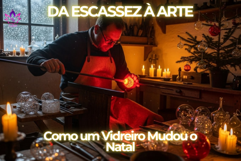 Historia das Bolas de Natal Artesão vidreiro soprando uma bola de vidro incandescente em uma oficina rústica à luz de velas, com uma árvore de Natal ao fundo e neve na janela.