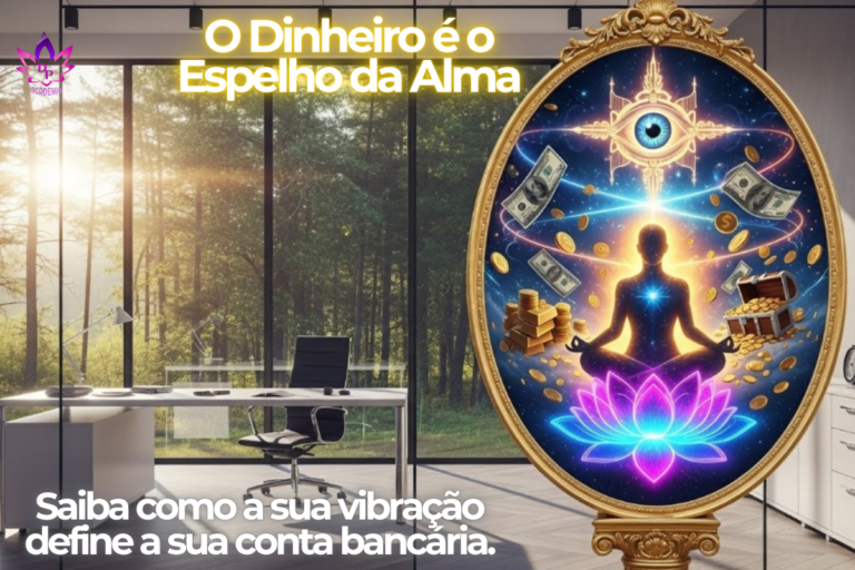 Ilustração de um espelho dourado refletindo uma silhueta meditando cercada por luz, moedas de ouro e dinheiro, representando a conexão entre espiritualidade e prosperidade financeira.