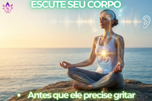 "Mulher praticando como ouvir seu corpo para identificar sinais de saúde e intuição."