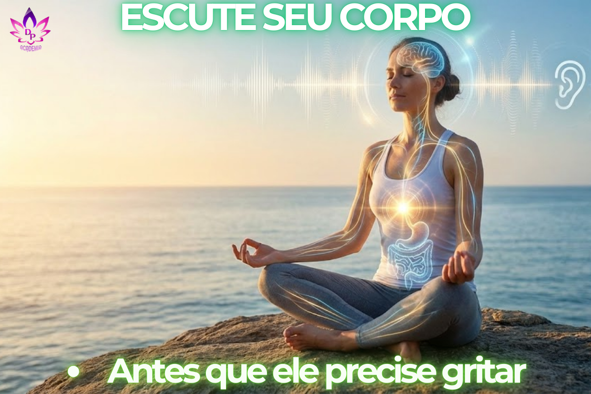 "Mulher praticando como ouvir seu corpo para identificar sinais de saúde e intuição."