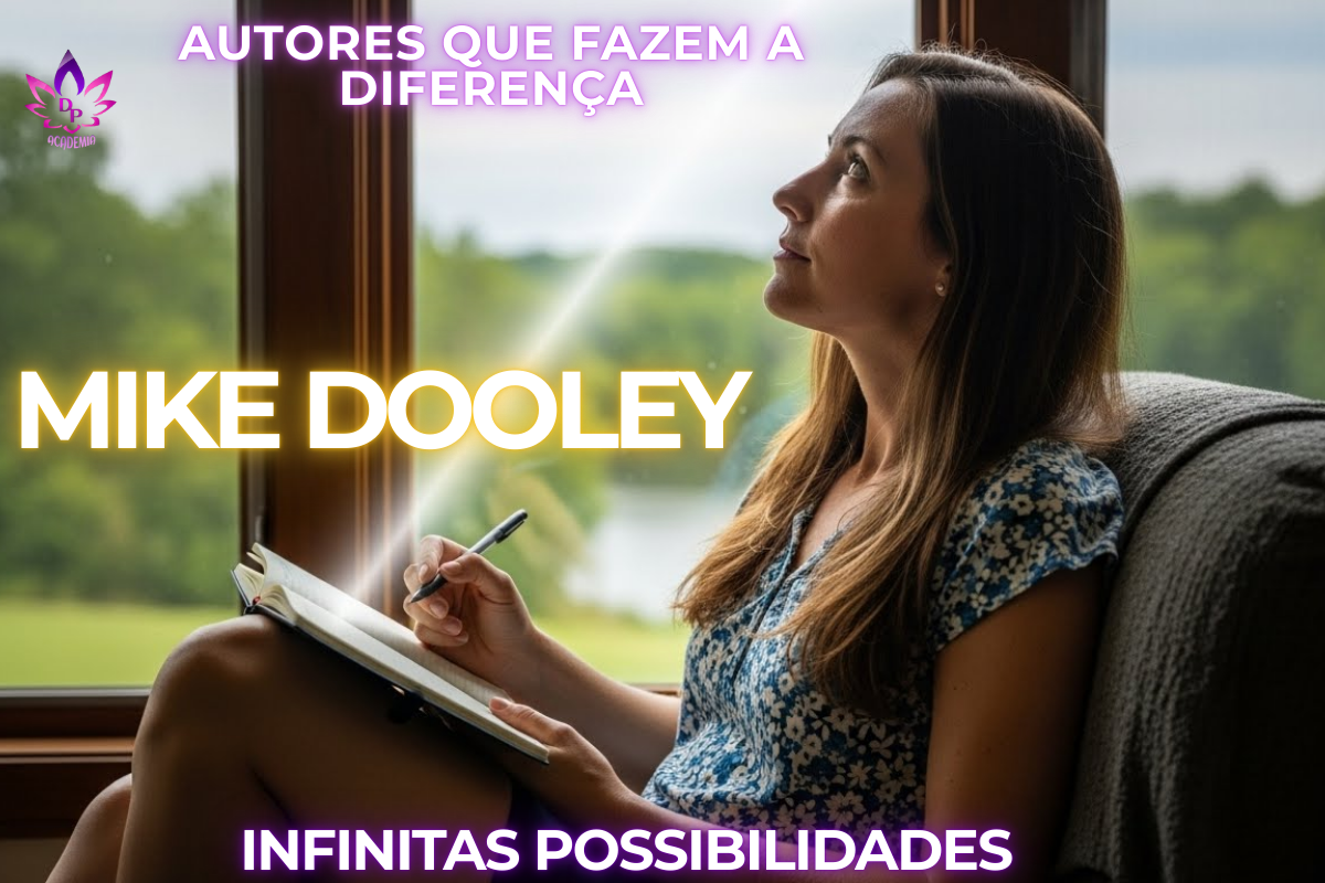 Mulher escrevendo em um diário iluminada por um feixe de luz, representando a criação de realidade e as Infinitas Possibilidades Mike Dooley