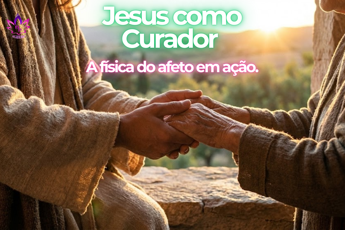Mãos de Jesus como Curador segurando as mãos de um enfermo, com luz solar intensa representando a transferência de energia e cura.