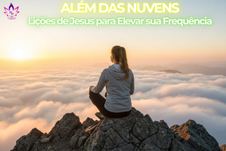 Mulher meditando no topo da montanha acima das nuvens ao nascer do sol, ilustrando os ensinamentos de Jesus sobre alinhamento vibracional e paz interior.