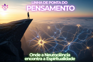 Mulher em um penhasco observando uma rede de neurônios luminosos se formando no céu ao nascer do sol, representando a Linha de Ponta do Pensamento e a co-criação.