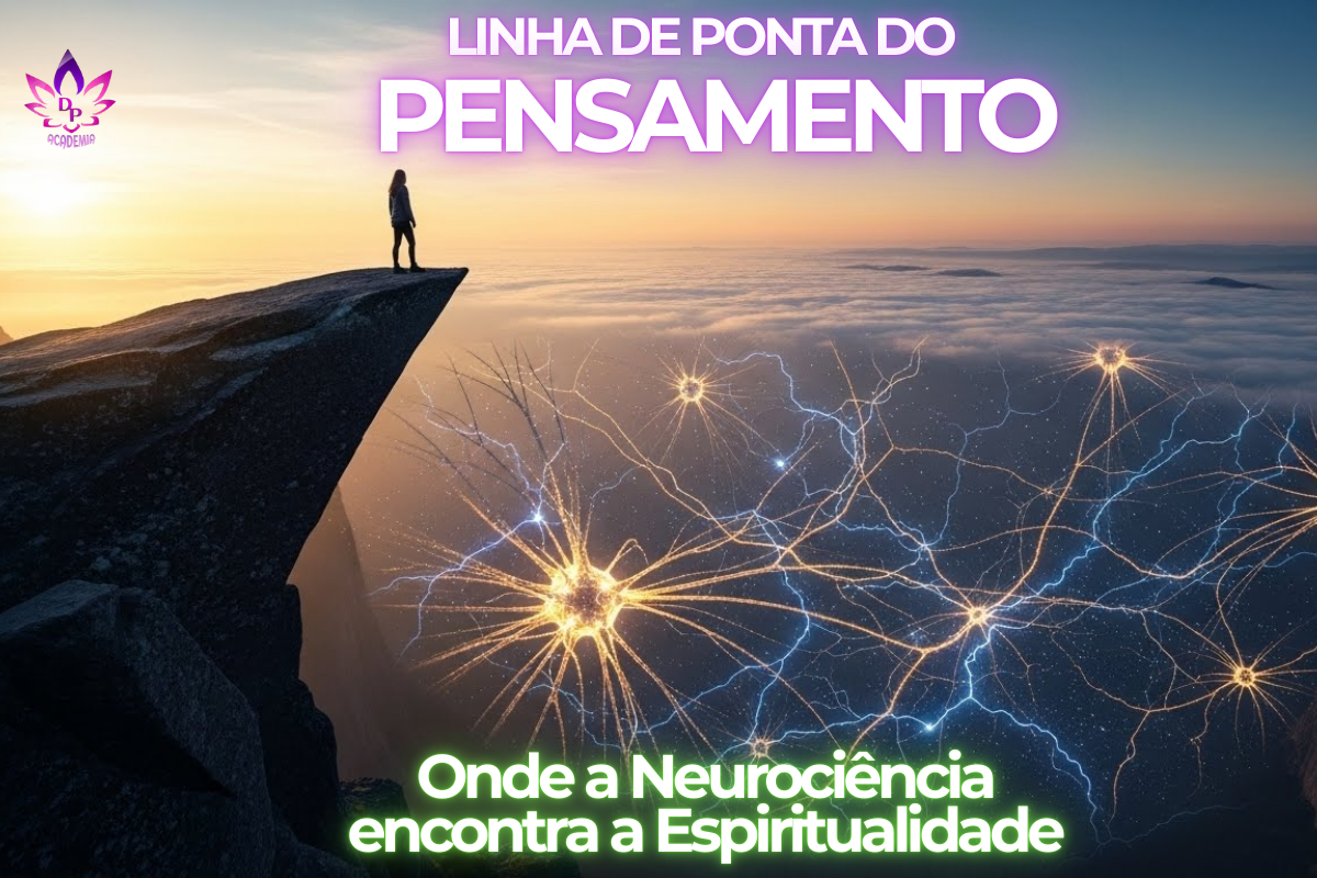 Mulher em um penhasco observando uma rede de neurônios luminosos se formando no céu ao nascer do sol, representando a Linha de Ponta do Pensamento e a co-criação.